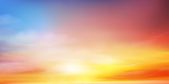 Sunrise Morning with Orange,Yellow,Pink,blue sky, Dramatic twilight landscape with Sunset sky in evening, Vector horizon beautiful nature banner of sunrise or sunlight for four seasons background