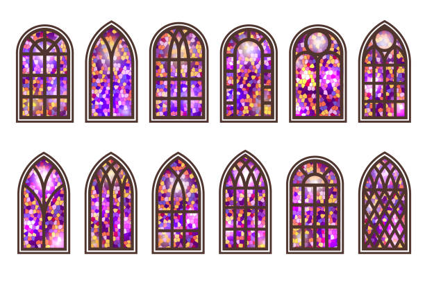 ilustrações de stock, clip art, desenhos animados e ícones de gothic windows set. vintage stained glass church frames. element of traditional european architecture. vector - stained glass illustrations