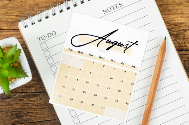 The August 2023 Monthly calendar for 2023 year with  pencil. stock photo