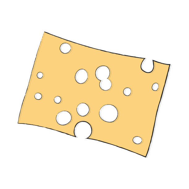 Rectangular cut piece of yellow hard cheese with large round holes. Cheese slicing for a wine or beer plate. Simple linear food icon in color. Design for sticker, clipart, shop windows, label Rectangular cut piece of yellow hard cheese with large round holes. Cheese slicing for a wine or beer plate. Simple linear food icon in color. Design for sticker, clipart, shop windows, label. swiss cheese slice stock illustrations