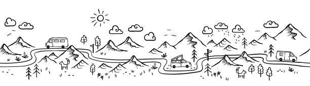 bezszwowy wzór road trip, doodle kampery, vanlife, przygoda - świetnie nadaje się do tekstyliów, banerów, tapet - projektowanie wektorowe - vanlife stock illustrations