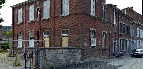 Pepinster, Province of Liège, Belgium - August, 30, 2022: elementary school Rue Pont Walrand 1 a year after historical flood still to be rebuilt or repaired