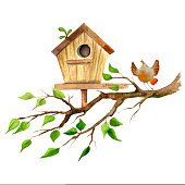 istock Watercolor hand drawn birdhouse on a tree branch with a bird, isolated on white background. Design for cards, gift bags, invitations, textile, print, wallpaper, for children 1419609864