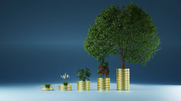 istock Piles of coins forming a growing graph with plant, 3d rendering 1419611125