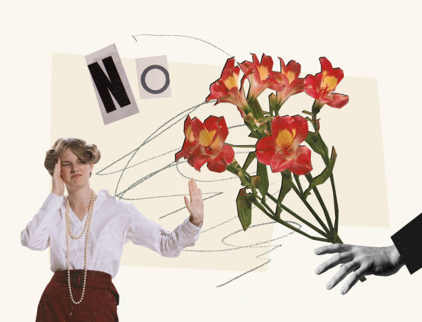 istock Contemporary art collage. Creative design. Young woman refusing flowers from man. 1419612300