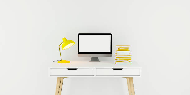 istock Home office Computer desk with lamp and stack of books. Study and freelance work concept. 3d rendering 1419613797