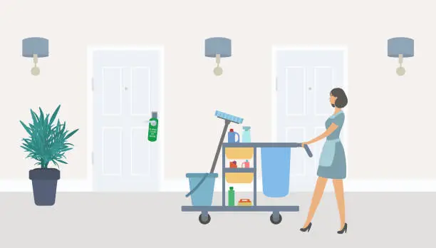 Vector illustration of Young Female Service Worker With Housekeeping Trolley In Hotel Corridor. Service Cart With Detergents And Cleaning Tools