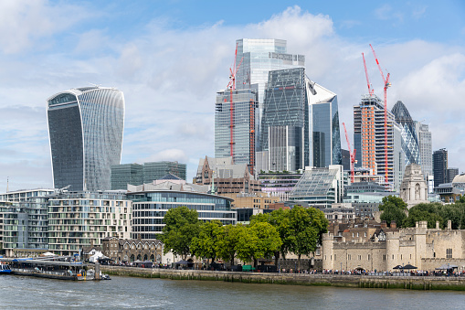 View of the City of London and the part of the Tower of London on a summer day.