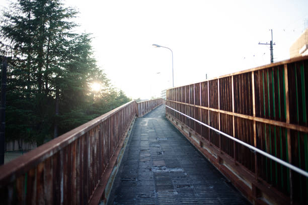 An old rusty pedestrian bridge at dusk. shallow depth of field. An old rusty pedestrian bridge at dusk. shallow depth of field. The background is intentionally blurred. walking point of view stock pictures, royalty-free photos & images