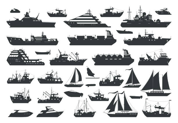 cartoon-schiffe, seereiseboote und segelboote silhouetten. industrielle und kommerzielle segelschiffe, motorboote und fischtrawler flache vektorillustrationen sammlung. silhouetten von schiffsbooten - industrial ship military ship shipping passenger ship stock-grafiken, -clipart, -cartoons und -symbole