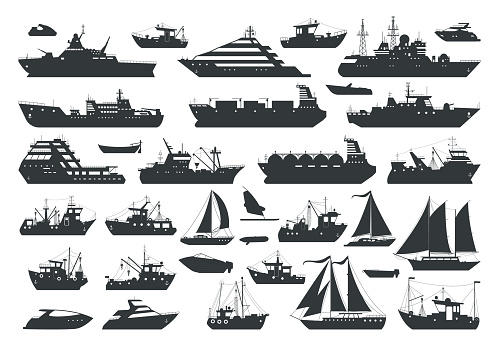 Cartoon ships, sea travel boats and sailboats silhouettes. Industrial and commercial sailing ships, motorboats and fishing trawlers flat vector illustrations collection. Shipping boats silhouettes