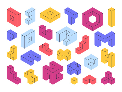 Isometric geometric shapes, 3d blocks, puzzle game elements. Mosaic logic game blocks, constructor cube block elements vector illustration collection. Colourful cubes set