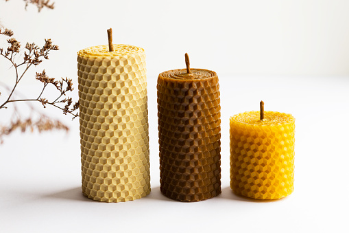Handmade rolled beeswax candles tied with jute rope. Holiday present. Eco gift.