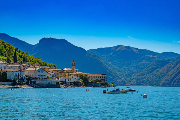 Panorama of Lake Como and the town of Lezzeno. stock photo