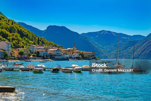 Panorama Of Lake Como And The Town Of Lezzeno Stock Photo - Download Image Now - Built Structure, City, City Life