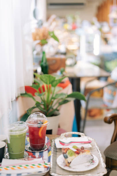 Cute decoration Coffee and matcha tea with fruit cake