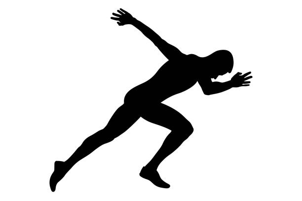 검은 실루엣을 달리기 시작하는 남성 단거리 선수 - 100 meter stock illustrations