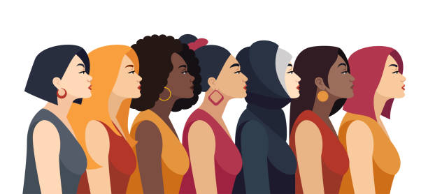 ilustrações, clipart, desenhos animados e ícones de poder feminino. grupo multiétnico de mulheres bonitas. - hijab profile teenager islam