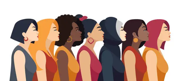 Vector illustration of Women Power. Multi-ethnic group of beautiful women.