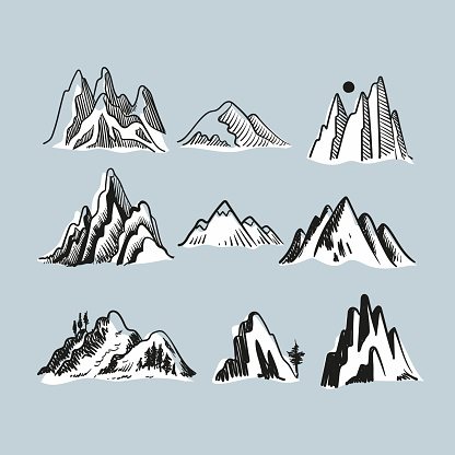 Mountains and hills. Freehand vector outline.