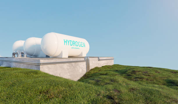 Hydrogen power storage on hill, zero emissions and nature friendly energy stock photo