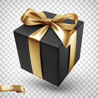 Vector realistic illustration of a black gift box with a gold ribbon on a transparent background.