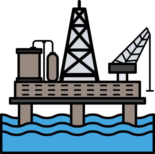 platforma morska koncepcja, rafineria ropy naftowej vector kolor ikona projekt, symbol ropy naftowej i gazu płynnego, znak ropy naftowej i benzyny, ilustracja giełdowa rynku energii i energii - fracking oil rig industry exploration stock illustrations