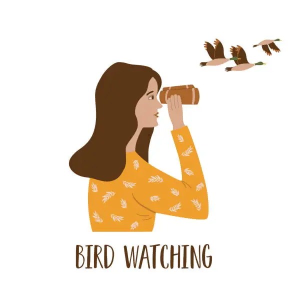 Vector illustration of Birdwatching poster, birding. Ornithology banner. Girl looks through binoculars, woman watches flying ducks isolated graphic element. Local eco tourism concept, birds observation. Vector illustration