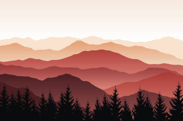 illustrazioni stock, clip art, cartoni animati e icone di tendenza di paesaggio naturale vettoriale con sagome rosse di montagne e foreste - horizon over land tree sunset hill