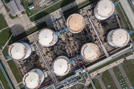 Nakhodka, Russia - July 31, 2022: The top view on Oil-storage tank.