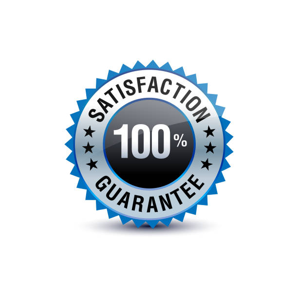 Very powerful Blue color 100% satisfaction guarantee badge isolated on white background. Vector illustration. Satisfaction Guaranteed typically refers to a legally-binding express guarantee of satisfaction in the contract of a sale of goods. reliability stock illustrations