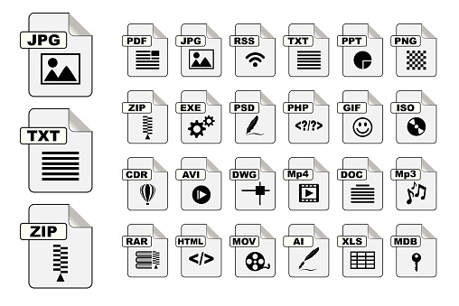 stock vector black and white file type icon symbol. colorful set of file type icons file format icon set. file type icons as labels set.