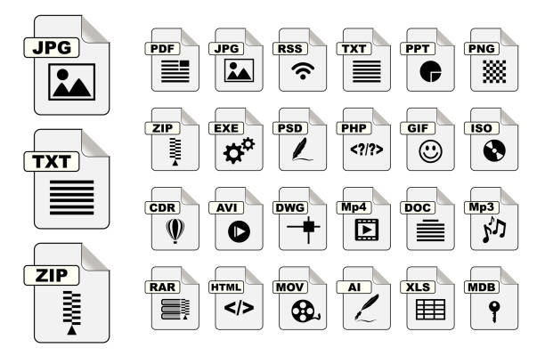 FORMAT FILE 1 stock vector black and white file type icon symbol. colorful set of file type icons file format icon set. file type icons as labels set. toronto international film festival stock illustrations