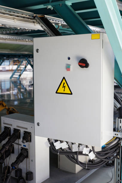istock Grey Hinged Power Supply Box in industrial workshop 1419643600