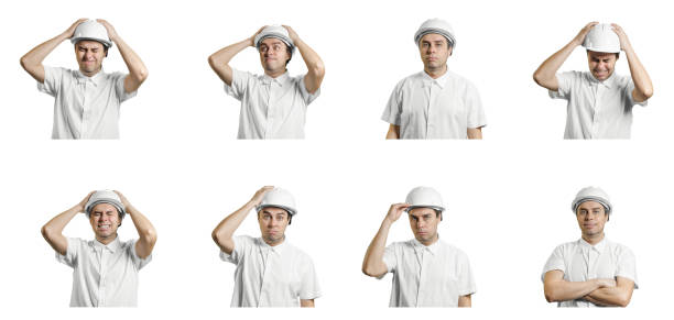 Man in shirt and safety construction helmet isolated on white background. Builder or engineer wearing hardhat. Portrait