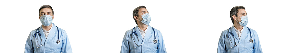 Doctor in blue professional suit with stethoscope wearing protective mask isolated on white background. Collage