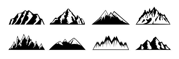 set of mountain silhouette. Hand Drawn Mountain Isolated. Collection of mountain shapes. mountain icon drawing.