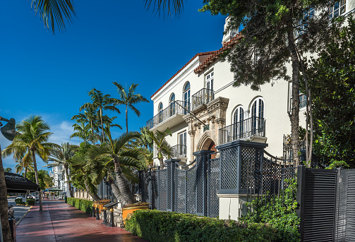 Miami, USA - August 31, 2022: The Villa, Casa Casuarina (Versace Mansion) on Ocean Drive in Miami Beach, Florida, USA. This property was owned by the famous Italian fashion designer Gianni Versace, assassinated on July 15, 1997.