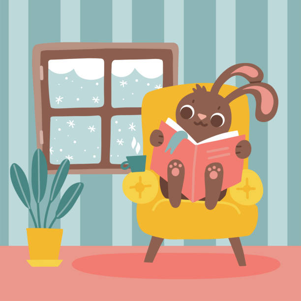 Cozy rabbit at home sitting on the yellow armchair and reading a book. Cute interior. Flat hand drawn Illustration for christmas or new year card, background or poster. Winter fairy tale Cozy rabbit at home sitting on the yellow armchair and reading a book. Cute interior. Flat hand drawn Illustration for christmas or new year card, background or poster. Winter fairy tale. new years baby stock illustrations