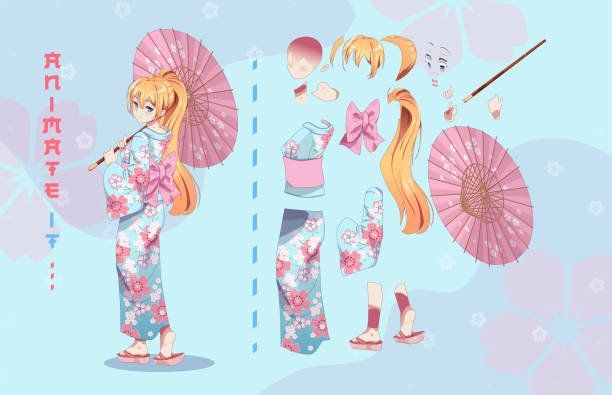anime manga mädchen zeichentrickfiguren für animation, motion design kit. körperteile. mädchen oder geisha mit japanischem kimono, der mit regenschirm steht - scheitel stock-grafiken, -clipart, -cartoons und -symbole