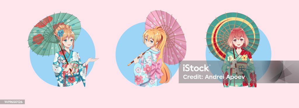 Ilustración de Anime Manga Chicas Personajes De Dibujos Animados Chica Con  Kimono Japonés Con Paraguas Iconos Redondos Aislados y más Vectores Libres  de Derechos de Cultura del este de Asia - iStock