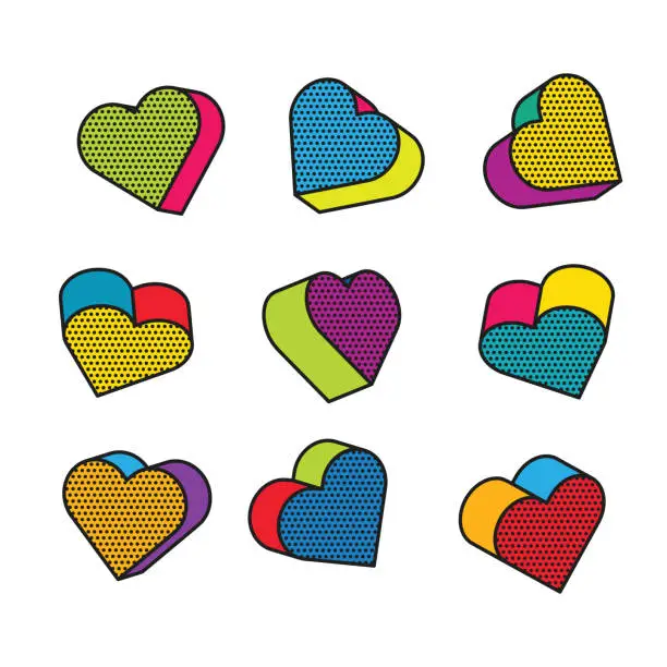 Vector illustration of 3d Hearts Graphic Elements for Pop Art Style Design Vector Format
