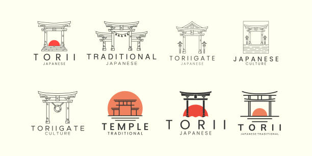illustrations, cliparts, dessins animés et icônes de définir la conception du modèle d’icône de style d’icône toriigate. culture, javanais, illustration vectorielle traditionnelle - temple