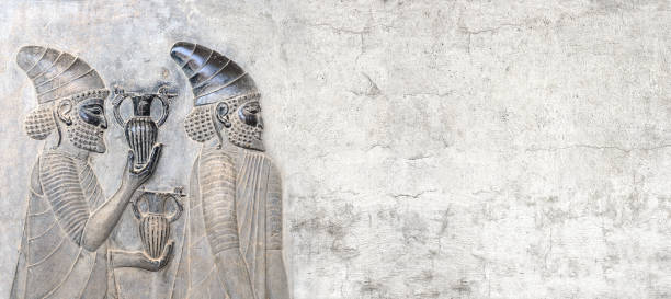 Ancient wall with bas-relief with foreign ambassadors with gifts and donations, Persepolis, Iran. Horizontal background with embossed image persian bearded mans. Mock up template. Copy space for text