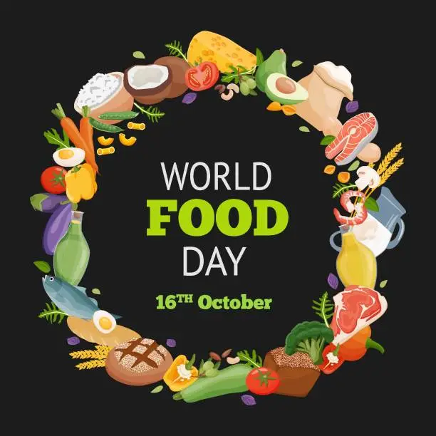 Vector illustration of World Food Day. Different fresh food on greeting card on black background. Vector illustration for a postcard or flyer for a holiday, fair