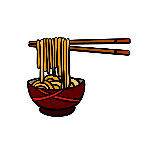 Vector illustration of Ramen noodles and wooden sticks in bowl. Chopsticks with long pasta. Asian Japanese and Chinese food.