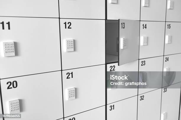 White Lockers For Storage In Shopping Malls Supermarkets Exhibitions Or Trade Fairs Stock Photo - Download Image Now