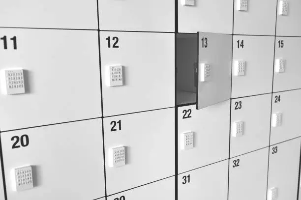 detail of white lockers for storing objects in a shopping mall, supermarket, exhibition or trade fair