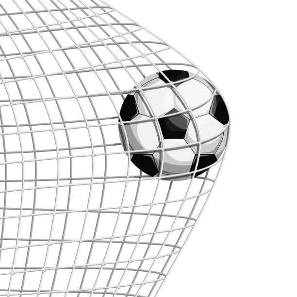 istock Football soccer ball scoring goal in net goalposts on field flat vector illustration. Isolated sport gear icon element on white background 1419657000