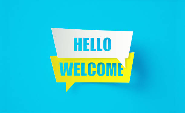 istock Hello Welcome Written Yellow And White Speech Bubbles Sitting Over Blue Background 1419658587